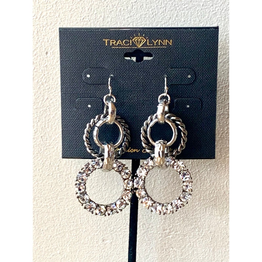 Traci Lynn Silver Tone Crystal Dangle Hoop Statement Earrings On the Rocks NWT